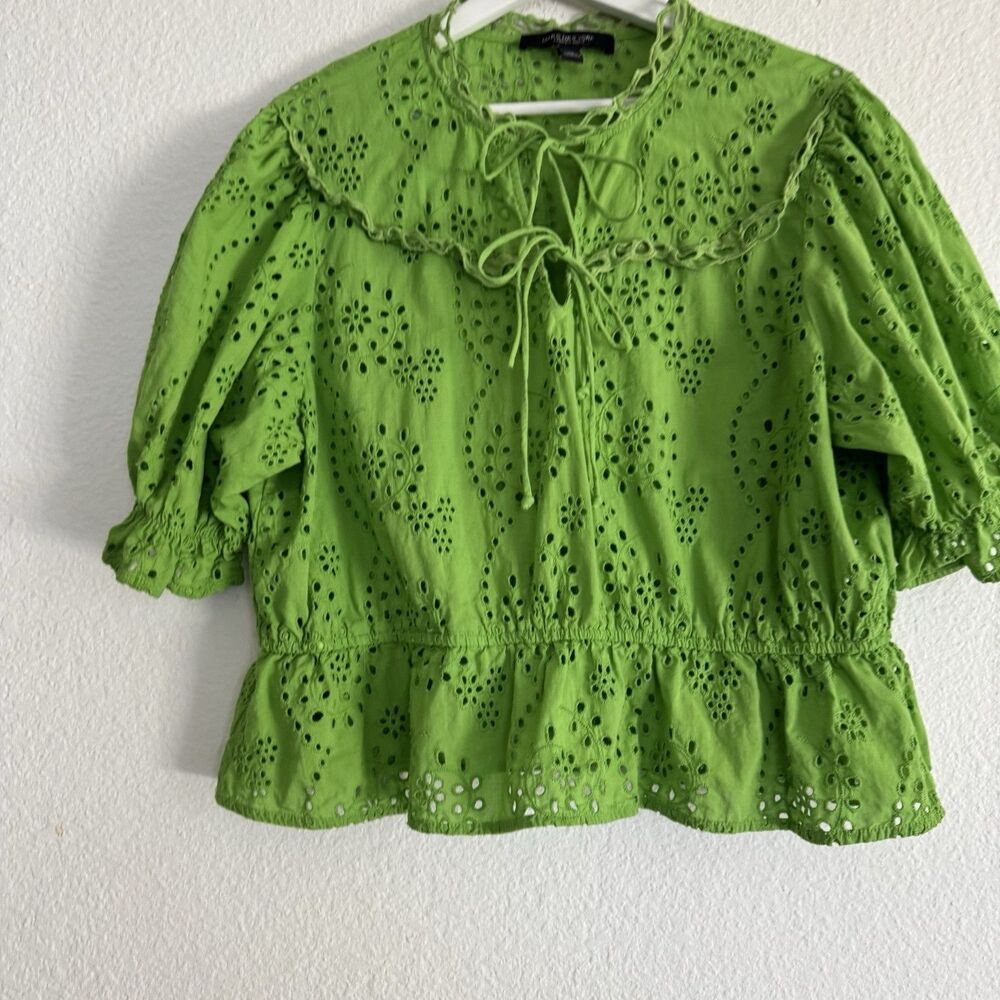 Marc New York 100% Cotton Sz XL Eyelet Boho Fairycore Romantic Blouse Lime Green - Picture 6 of 16